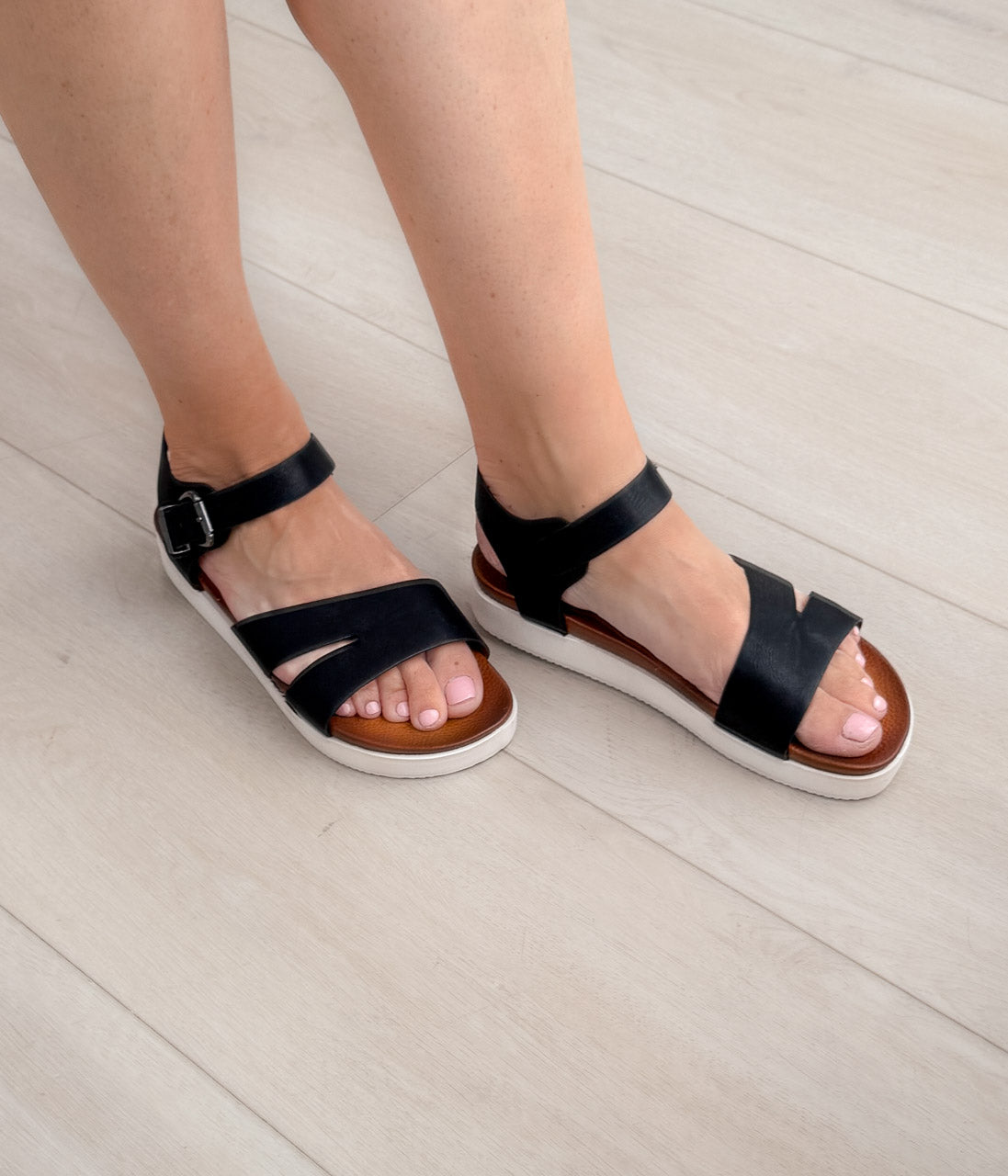 Carmel Black Sandals With Faux Leather Embossed Straps Naughty Monkey